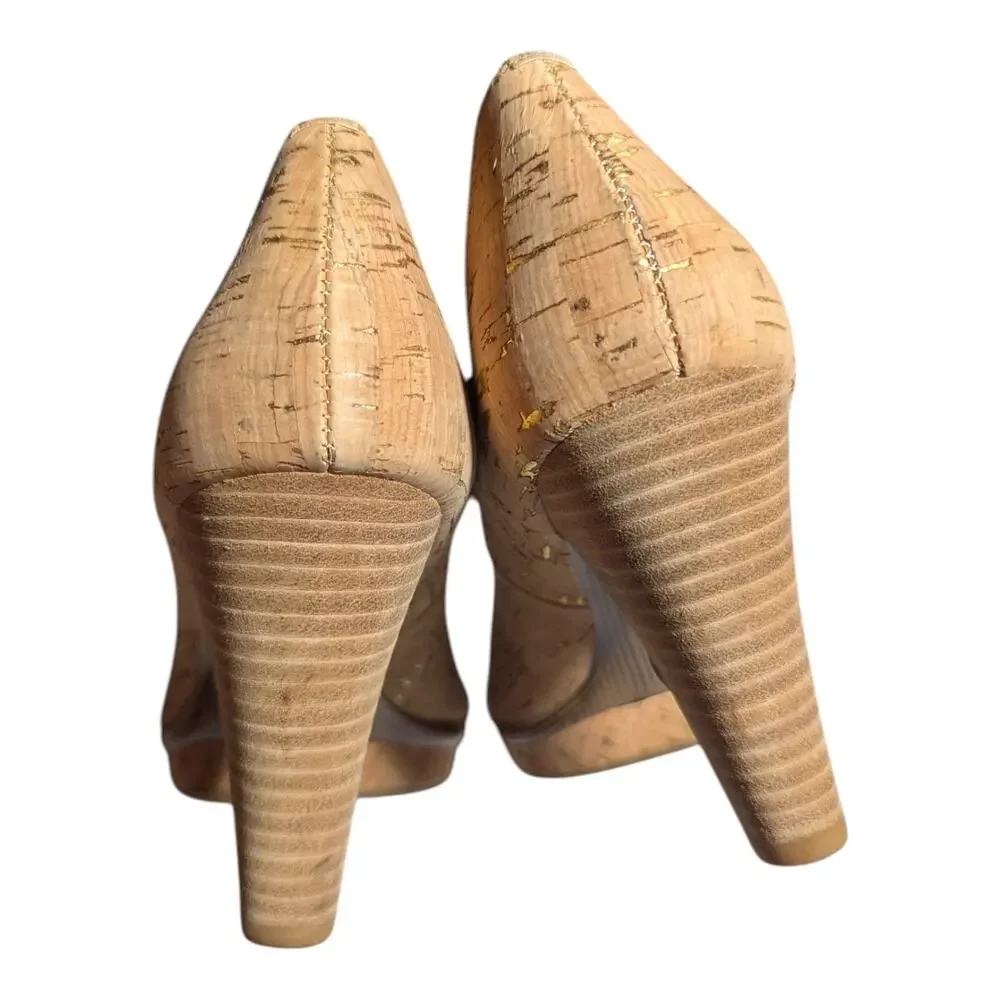 Sofft Ramona II Natural Cork Peep Toe Stacked Wooden Heel Comfort Pumps Sz 8.5